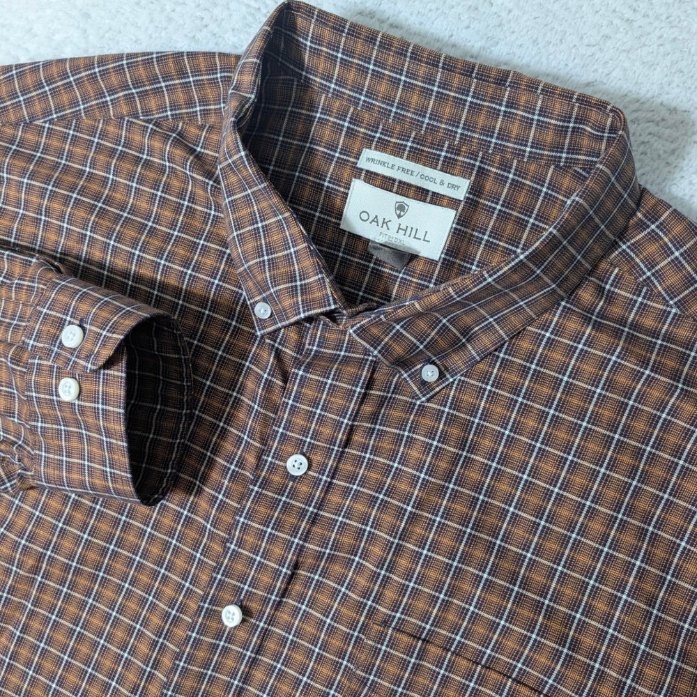 Oak Hill Button Down Shirt Mens 3XL Brown Plaid Wrinkle Free L/S Cool and Dry